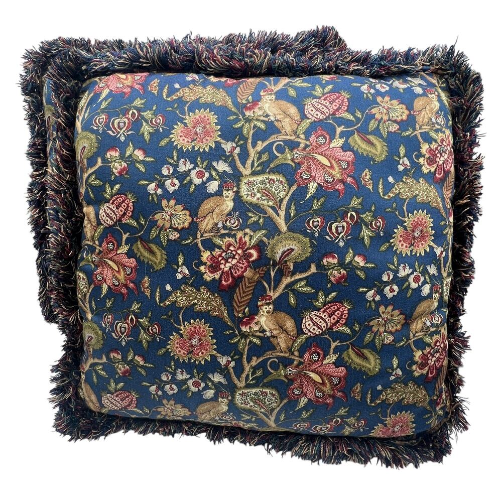 Navy Red Gold Floral Monkey Accent Pillows Fringe Square 14" Millefleurs